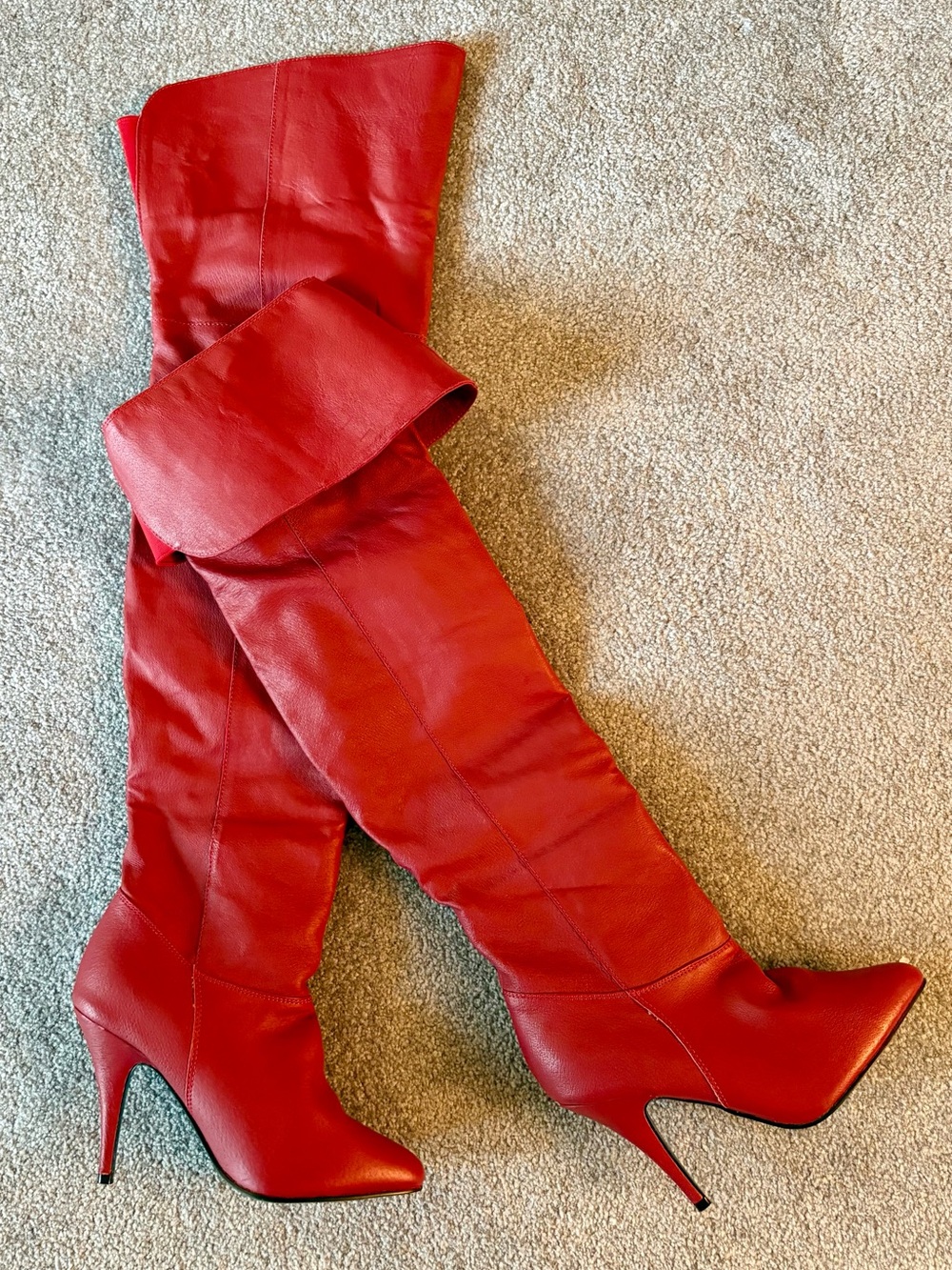 Pleaser Red Over-the-Knee Slouchy Stiletto Boots